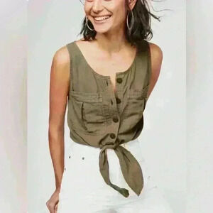 Free People Highway Cruisin’ Green  Sleeveless Button Down Top Linen Size S